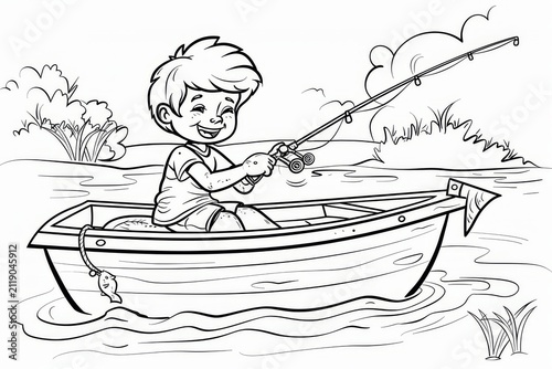 Happy boy fishing from a small boat on a peaceful, printable kids coloring page with thick lines