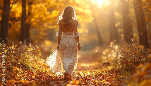Woman in White Dress Walking Through Autumn Forest at Sunset