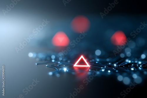 Glowing red triangle symbols illuminate a dark, complex circuit board with sparkling blue lights, symbolizing digital alert.
