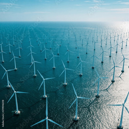 Aerial Offshore Wind Turbine Farm Grid Ocean Vector Illustration