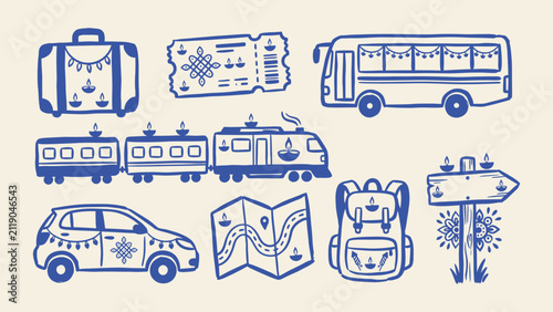 Diwali travel vector icon set with decorated car train bus suitcase map and backpack for festive homecoming journey