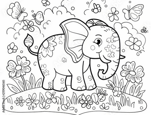 Happy elephant in the grass with flowers, kids coloring page with bold outlines