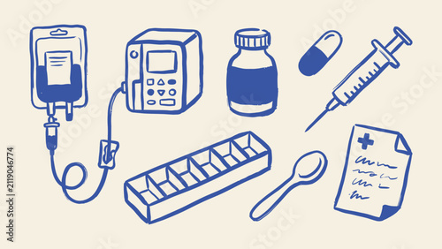 Hand drawn medical equipment and healthcare icons vector set featuring syringe pill bottle iv drip and prescription note