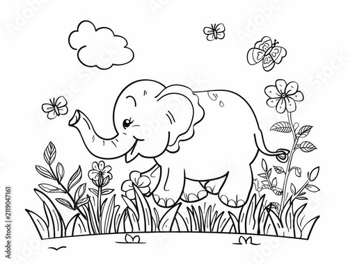 Happy elephant in the grass with flowers, printable kids coloring page with thick lines