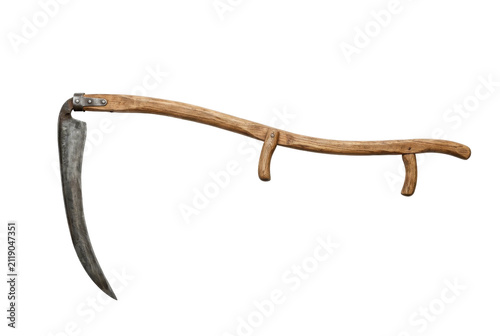 Traditional wooden handle scythe for grass cutting.