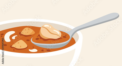 Картината върху платно A close-up of a spoon scooping out a hearty stew with chunks of food and liquid