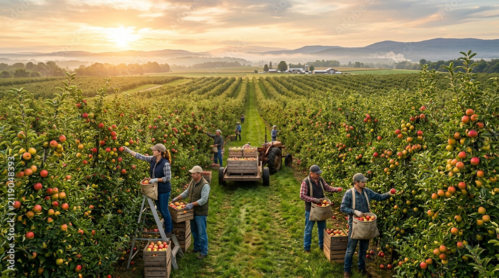 Fototapeta premium Apple Orchard Harvest: Farmers Picking Ripe Fruit at Sunrise