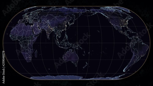 Hufnagel projection world map. Earth rotates eastward with glowing city lights and cyan illuminated country borders. Amber graticule lines overlay. Animated hexagonal dark background. Seamless loop.
