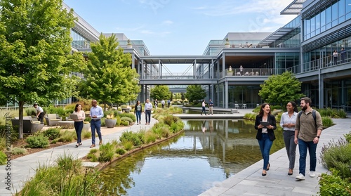Diverse group of professionals walking through a modern corporate office campus with green spaces and water features.