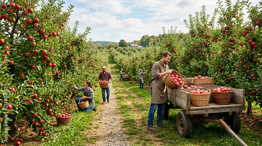 Fototapeta premium Apple orchard harvest, people picking red apples in autumn, sunny day, rural landscape