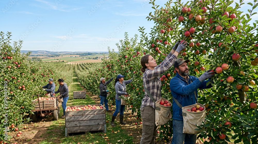 Fototapeta premium Apple harvest: Farmers picking ripe red apples from trees in an orchard