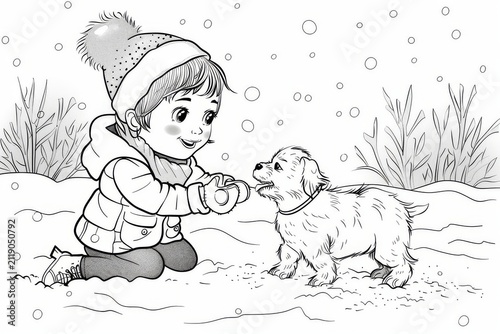 Happy girl with a cute puppy playing, coloring page for children with clean contours