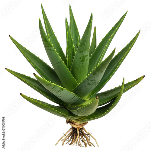 Healthy aloe vera plant with roots and water droplets isolated on transparent background healthy succulent green plant useful for skincare and medicinal purposes.