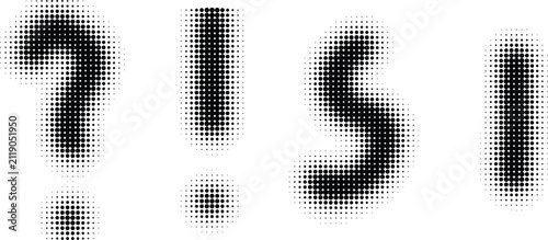 Halftone punctuation marks set, black and white pop art question mark and exclamation point, retro comic book style symbols for graphic design