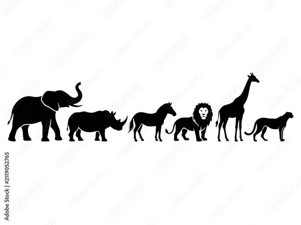 Obraz premium Collection of African Safari Animal Silhouettes Featuring Elephant Rhino Zebra Lion Giraffe and Cheetah