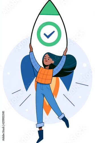 Girl holding a rocket symbol with a check mark in a colorful graphic setting