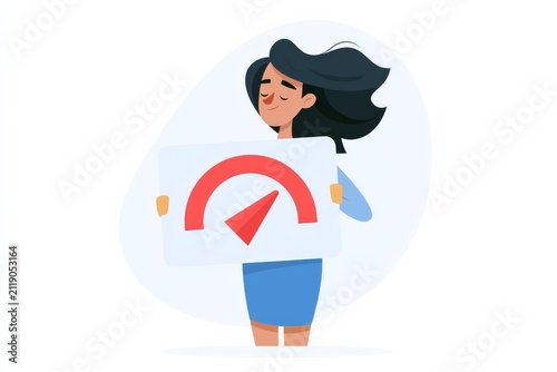Woman holds a sign with a red speedometer symbol while standing with closed eyes in a simple background