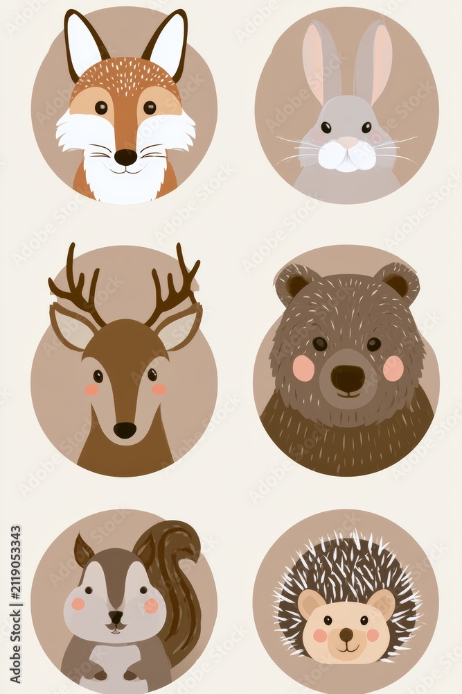 Fototapeta premium Cute animal illustrations featuring a fox, rabbit, deer, bear, squirrel, and hedgehog in a simple design