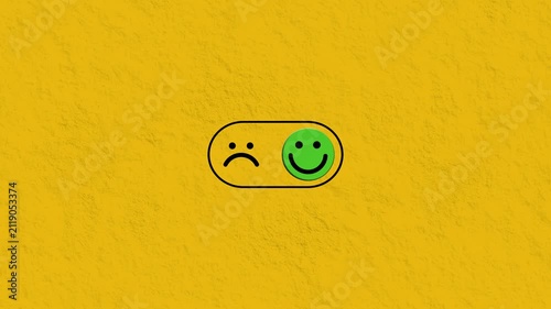 Toggle switch animation changing sad face to happy face, emotional mood shift concept