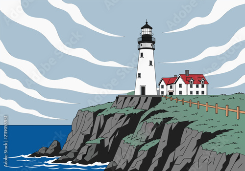 Lighthouse on Rocky Coast Vector Landscape Illustration