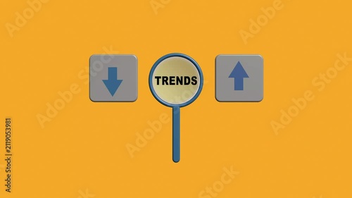 Market trends analysis concept with magnifying glass, upward and downward arrows, 3 d business growth and decline visualization