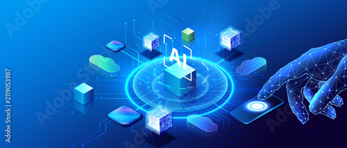 Isometric vector of AI controlling blockchain with a digital hand, cloud computing and smart data network. Futuristic technology concept for automation, cybersecurity and innovation.
