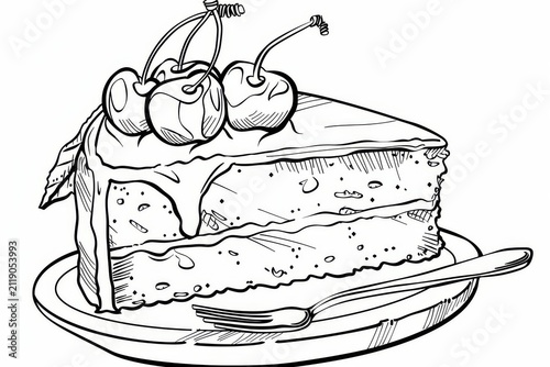 Slice of cake with cherries on top, coloring page for children with clean contours