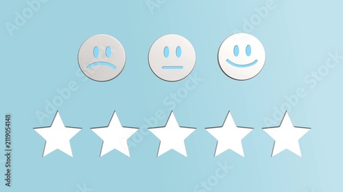 Customer satisfaction rating concept with animated smiley faces and five star review system feedback