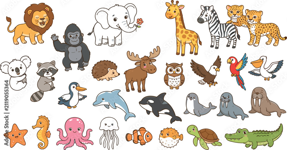 Obraz premium Cute Cartoon Wildlife Animals and Marine Creatures Collection Set with Birds Isolated on White Background Flat Vector IllustrationCute Cartoon Wildlife Animals and Marine Creatures Collection Set 