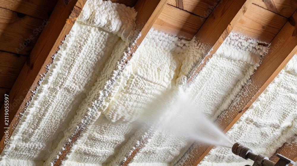 Naklejka premium Spray foam insulation fills gaps between wooden attic rafters. Expanding insulation material covers wood beams, creating a white textured barrier for energy efficiency and home protection.