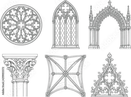 Gothic architectural ornaments and window designs line art