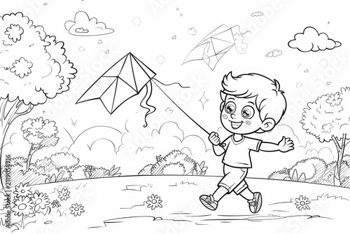 Very cute boy flying a kite, coloring page for children with clean contours