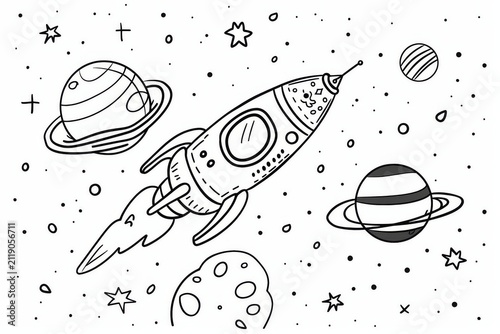 Playful outer space scene with planets, stars, coloring page for children with clean contours