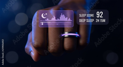 Smart ring tracking sleep data, wearable health technology, biometric tracker on hand