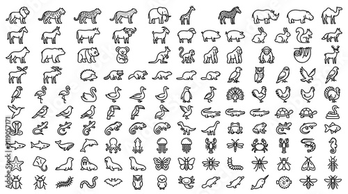 Canvas Print Large Collection of 110 Animal Outline Icons Featuring Mammals, Birds, Reptiles,