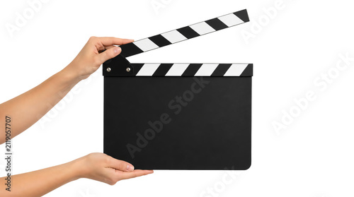 Hand holding clapper board isolated on transparent background.