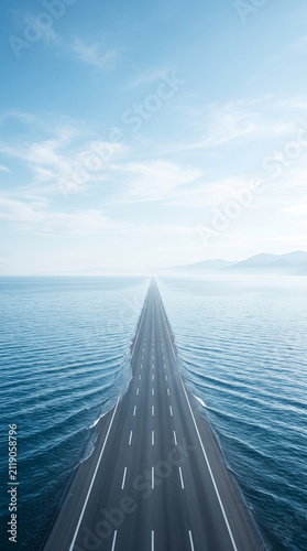 Surreal aerial view where an endless ocean transforms seamlessly into a modern highway disappearing toward the horizon 