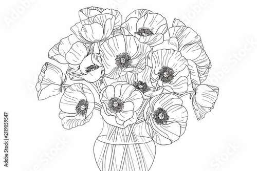 Bouquet of poppies in a vase, kids coloring page with bold outlines
