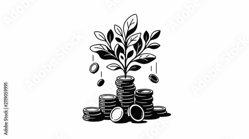 A plant grows from stacks of coins with falling coins around