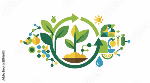 A plant's growth cycle illustrated with fruits vegetables sun and water