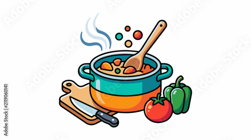 A pot of stew on a cutting board with vegetables