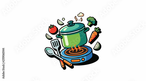 A pot of food is cooking on a stove with vegetables