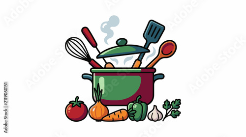 A pot of stew with vegetables and cooking utensils is steaming