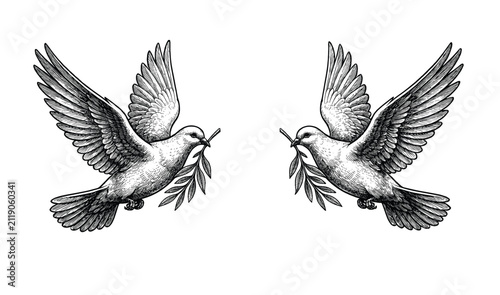 Vintage engraving of flying doves with olive branches a symbol of peace and harmony