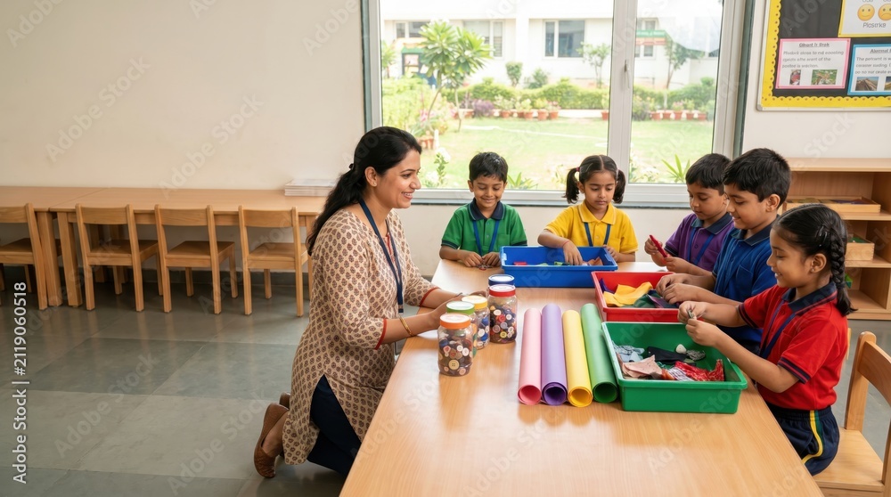 Obraz premium Indian Teacher Guides Young Students in Classroom Activity for India's Independence Day