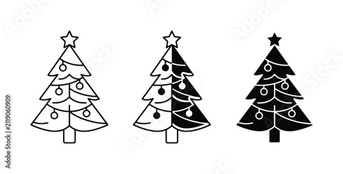 Christmas Tree Icons Set, Festive Holiday Decoration Vector Graphics, Winter Celebration Symbols, Black and White Outline and Silhouette Styles
