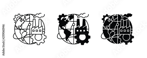 Global Industry Icons, World Factory Symbols, Industrial Planet Graphics