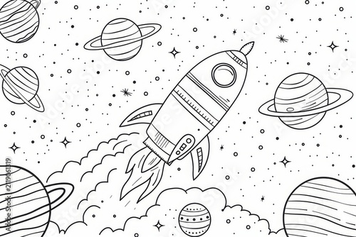 Playful outer space scene with planets, stars, coloring page for children with clean contours