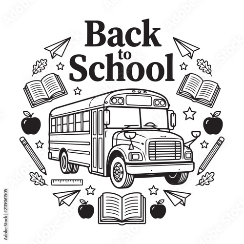School Bus With Educational Supplies Black And White Vector Illustration