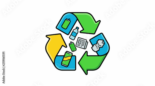 A recycling symbol with various recyclable items inside